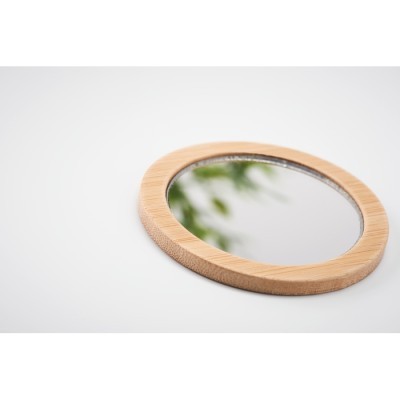 Espejo de maquillaje redondo de madera de bambú